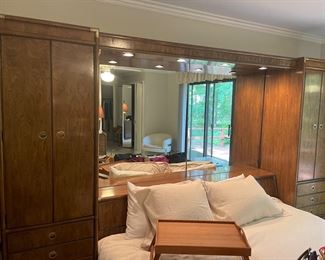 Drexel King headboard, mirror, lighting, and side dresser storage units - sold as one item. IKEA King mattress is also available; teak tray table and King duvet set