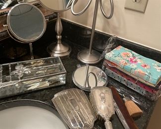 bathroom essentials; silverplated mirror and brush, and more