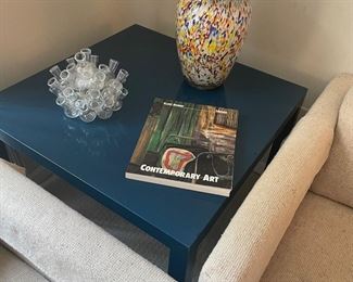 MCM lacquer side table - MCM bud vase, blown glass vase and great coffee table book