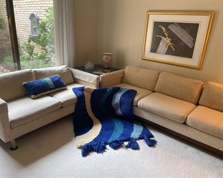 Mid-Century Modern 3-cushion couch and loveseat with chrome legs - excellent condition. Vintage wall fiber art and pillow, mid-modern framed artwork, and more!