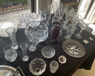 Orrefor, raspberry glass, crystal glasses and dishes