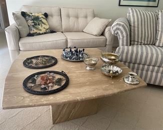 Travertine square cocktail table, 2 cushion ivory love seat, 2 cushion navy/ivory striped love seat, jade wall hangings, Copenhagen, sterling, and silverplated items