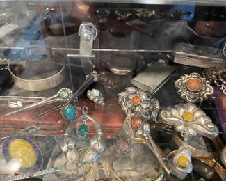 Antique Sterling silver pins and broaches with semi-precious stones, sterling snuff boxes, and more!