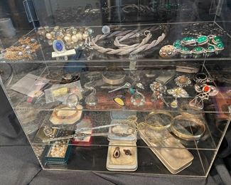 Vintage and antique Jewelry: Georg Jensen sterling, gold, sterling, ruby, Italian glass, Majorica peal necklace, and Majorica peal and semi-precious ring