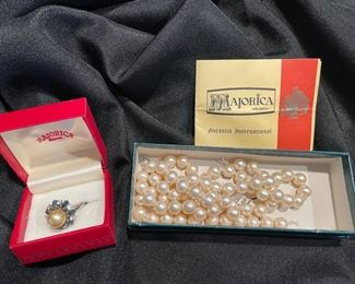 Majorica pearl necklace and ring with semi-precious stones