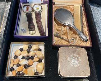 Vintage: Dick Van Dyke watches; Antique: stone necklace, sterling letter opener, baby brush and comb set and knife