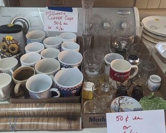 Cups, glasses 50 cents each or 4 for $1