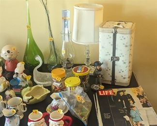 Vintage Barbie case/closet, JFK headline magazines, match collections, misc glass 