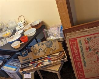 Vintage Pyrex, Fireking, Carom board, records and Badminton set!