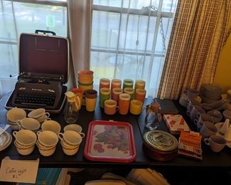 1930's typewriter, vintage dishes, metal strawberry trays, vintage cookbooks!