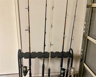 Daiwa Rod with Saltist 6000 reel and Full spool 80-100lb braided line. Shimano rod and Spheros Shimano reel with 80-100lb braided line full spool. Ugly Stick Shakespeare with Penn Battle 6000 full spool 80-100lb braided line. Penn Rival Rod & Reel with full spool 60-80lb braided line. Penn Pursuit IV rod Penn Pursuit 1000 reel combo. Full spool braided line 60-80lb.
