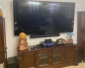 79” Sony Flatscreen TV with sound bar, wall speakers & sub woofers, Sound system is by Sony as well with DVD/Blu Ray player and 4 sets of 3D glasses.