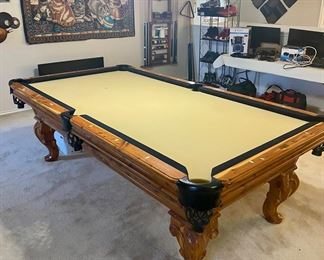 Custom built Boessling (of new Braunfels) Cedar pool table with pool cues, rack and accessories.