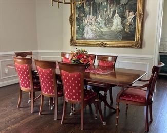 Mahogany Pedestal Dining Table (83"L x 47"W x 30"H w/ 16" Built in Leaf) with Versailles Design Center Upholstered Seat Armchair (2 Armchairs, 8 Side Chairs Total)