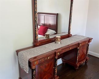 Mahogany Millworks French Empire Marquetry Inlay 3 Drawer / 2 Door Vanity (74"W x 30"H x 20"D / Mirror - 50"H x 50"W)