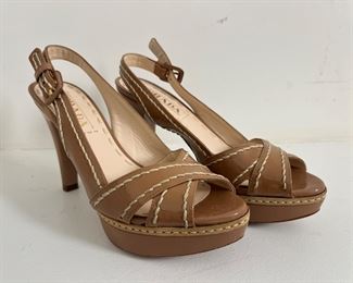 Women's Prada Patent Leather Platform Open Toe Sling Back Heels Size 36-1/2