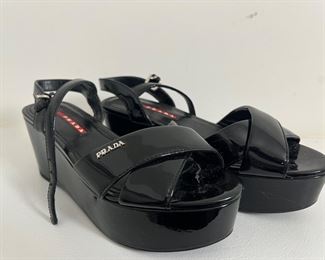 Women's Prada Black Patent Leather Criss Cross Platform Heels Wedges Size 36-1/2
