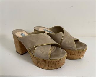 Women's Prada Suede Platform Cork Heel Mule Sandal Size 37