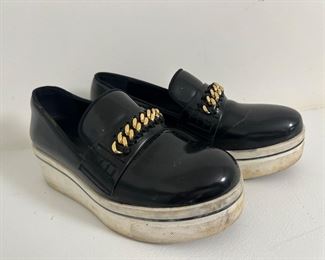 Women's Stella McCartney Black Faux Leather Chain-Link Platform Slip On Sneakers Size 36