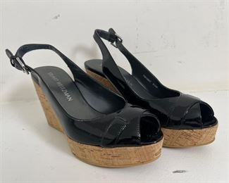 Women's Stuart Weitzman Black Patent Leather Wedge Cork Slingback Sandals Size 6-1/2
