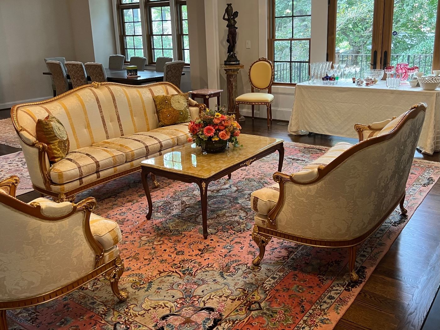 Meroni Francesco Sofa, Loveseat, Armchair & Marble Topped Coffee Table