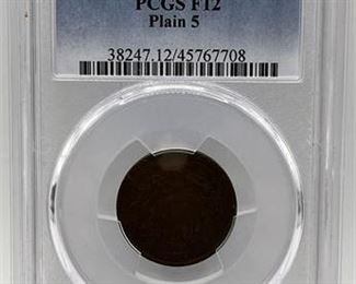 Lot 485   9 Bid(s)
Civil War 1865 Two Cent Coin Plain 5 PCGS Graded Fine 12