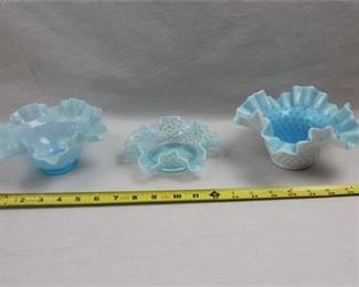 Lot 111   4 Bid(s)
Fenton Blue Opalescent Ruffled Bowls