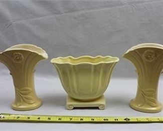 Lot 149   19 Bid(s)
Pair of Weller Pottery Fan Vases and Art Deco Planter