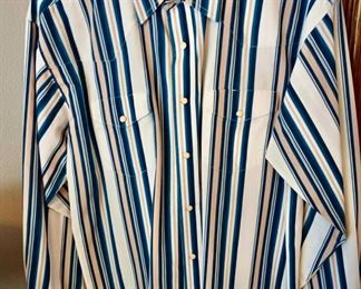 Large Wrangler - Blue, Tan & White Striped Button Up Long Sleeve