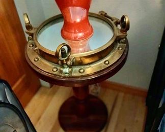 Brass Porthole Lamp Stand with Mirrored Top, Glossy Red Table Lamp