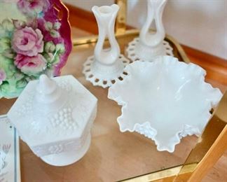 1951 Imperial Milk Glass Grape Vine Covered Candy Dish, Pair of Lattice Design Milk Glass Candlesticks