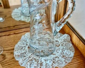 Etched Glass Pitcher with Floral Design