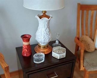 Copper and White Pressed Glass Lamp with Floral Design, Dark Brown Double Drawer Night Stand
