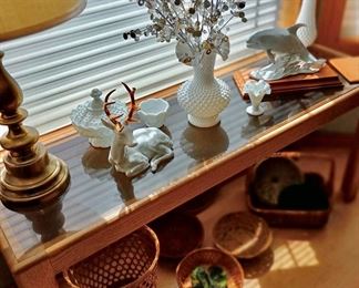Oak/Glass Top Console/Sofa Table, White Ceramic Stag Figurine