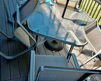 Outdoor Patio Set with Glass Top Table, Umbrella & Chairs