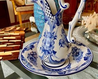 White & Blue Floral Jug and Wash Basin Made in Portugal