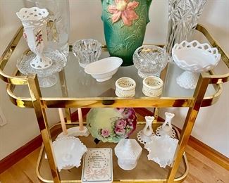 Mid Century Brass & Glass Bar Cart, Roseville Pottery - Green Clematis Vase -112-12, Assortment of Crystal Vases/Bowls, Assortment of of Milk Glass Bowls, Candle Sticks