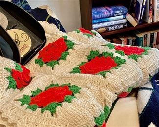 Crocheted Red, White & Green Throw Blanket