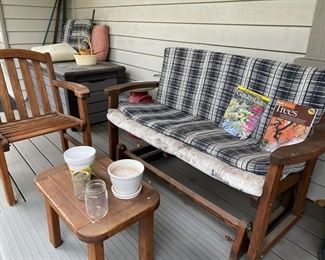 Outdoor Wood Rocking Bench, Outdoor Wood Arm Chair & Table