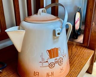 Orange & White Enamelware Teapot with Carriage Design