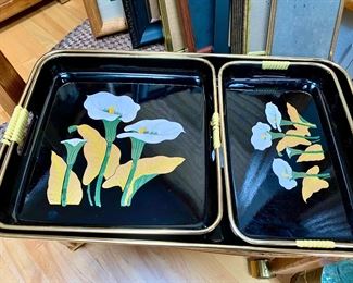 1984 Three Piece Himark Water Lily Lacquerware Tray Set