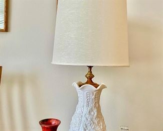 Copper and White Pressed Glass Lamp with Floral Design