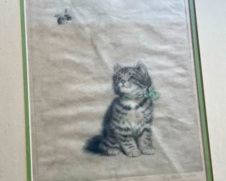 Signed Etching of Kitten and Bee by Meta Pluckebaum