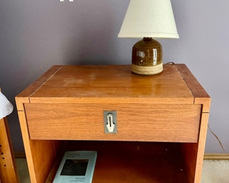 Mid Century Bedside Table With Pull Handle, Mid Century Brown Ceramic Pottery Small Lamp