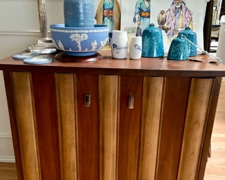 Mid Century Two Toned End Table/Cabinet, Blue Glazed Pottery Vase, Blue Wedgewood Jasperware Bowl - Sacrafice