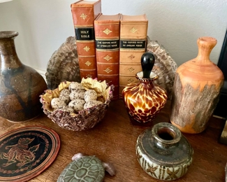 Decorative Basket with Quail Eggs, Leopard Print Perfume Bottle with Stopper, Japanese Decorative Plate with Foo Dog Design, Assortment of Pottery Vases