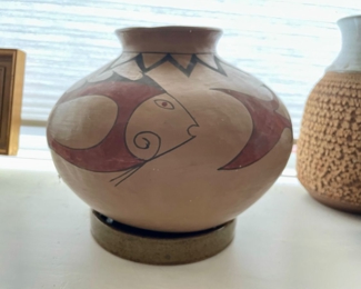Primitive Clay Pottery Vase with Fish Design