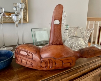 1971 Pacific Northwest Tribal Art Wood Carved Killer Whale Sculpture by Henry Hunt