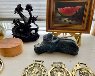 Edmund Wolf Sculpture Carved Stone Eskimo Riding Whale - Made in Canada, Red Chinese Dragon Holding Ball Globe Figurine, Cast Brass Saddle Medalions