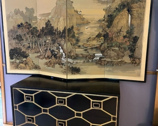 Japanese Foldable Byobu Screen, Dorothy Draper Style Lacquered Low Boy Dresser